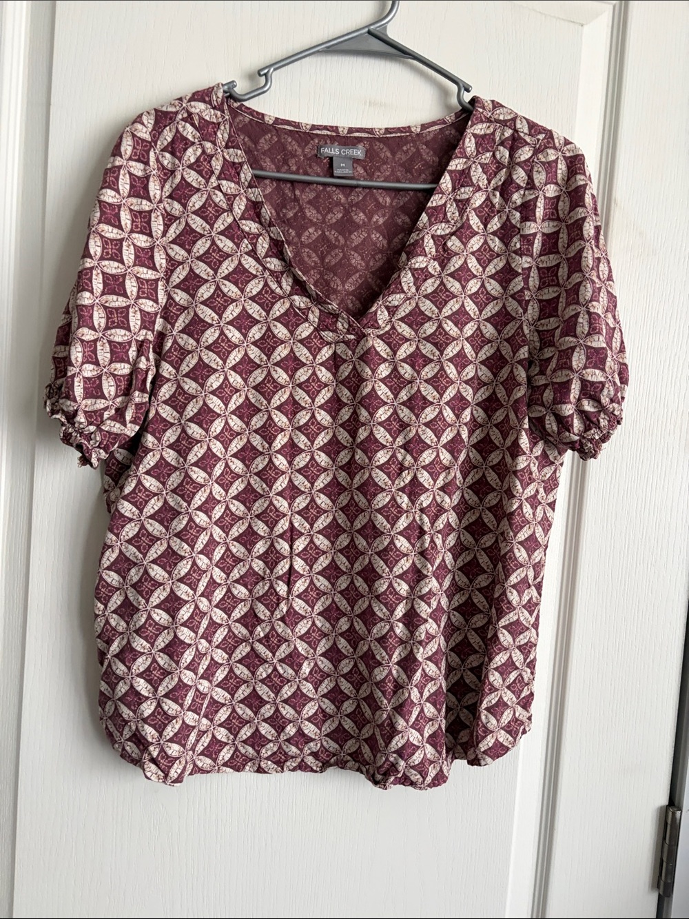 Falls Creek Women's Burgundy Geometric V-Neck Blouse